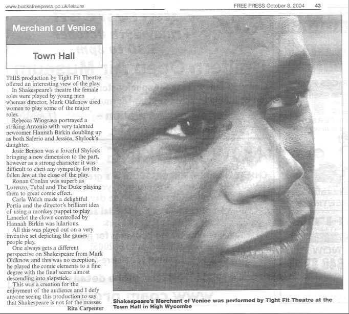 Review of Merchant of Venice by the Bucks Free Press 8.10.2004
